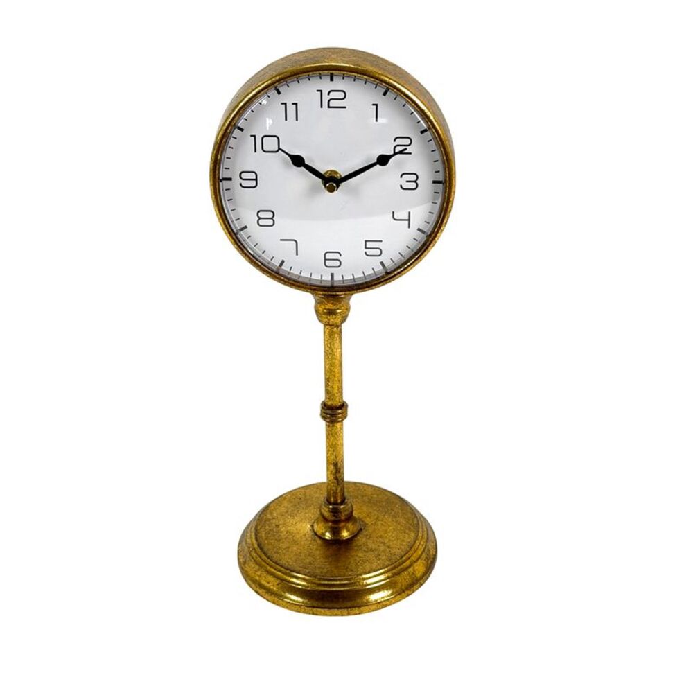 Antique Gold Metal Pedestal Table Clock 15 Inch Quartz Analog Desk Decor